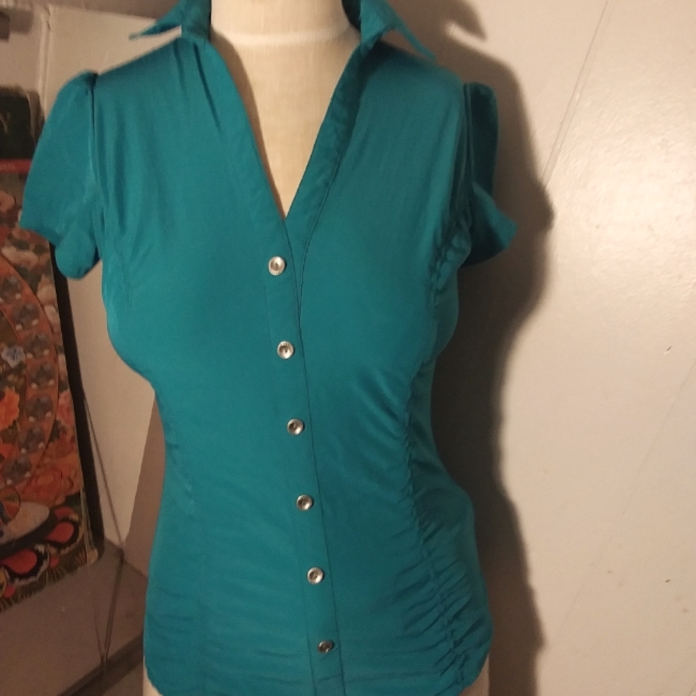 Ricki's size 2 cap sleeved ruched stretchy short sleeve blouse teal